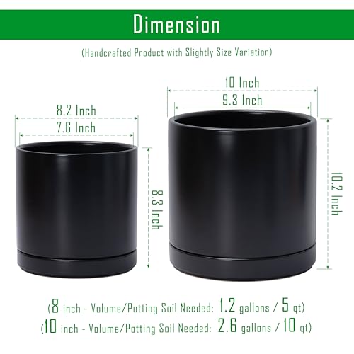 D'vine Dev 8 Inch & 10 Inch Ceramic Planter Pot for Plants with Drainage Hole and Saucer, Large Plant Pots Set, Black, 94-G-L-2