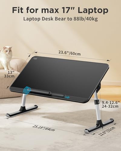 SAIJI Leather Laptop Bed Tray Table, Adjustable Laptop Stand with Removable Stopper, Portable Lap Desks with Foldable Legs, Notebook Stand Breakfast Reading Desk for Sofa Couch(Large,Black)