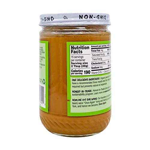 Once Again Organic Creamy Peanut Butter, 16oz - Salt Free, Unsweetened - USDA Organic, Gluten Free Certified, Vegan, Kosher - Glass Jar