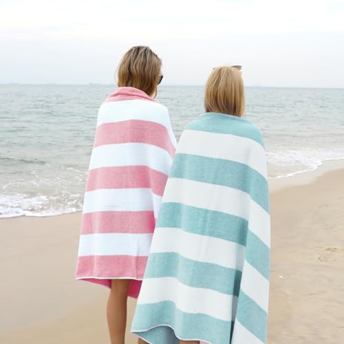 CLOWOOD Plush Oversized Beach Towel - Cotton 40 x 72 Inch Large Thick Aqua Striped Cabana Pool Swimming Towel