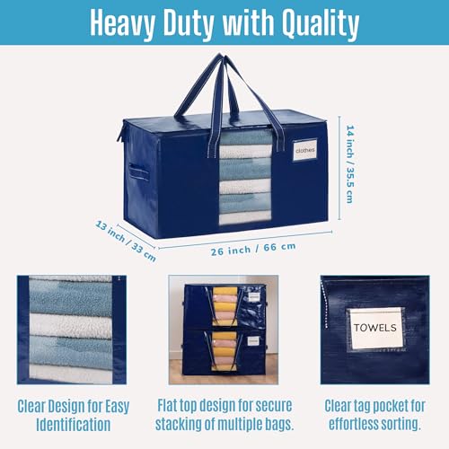 VENO 2 Pack Moving Bags, Comforter and Blanket Storage Bags for Closet, Moving Boxes, Boxes with Lids Alternative, College Dorm Packing Supplies, Foldable Heavy-Duty Tote with Window (Blue, 2 Pack)