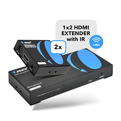 OREI 1X2 HDMI Extender Splitter Over Single CAT6/7 Cable Uncompressed 1080P with IR Remote EDID - Up to 132 Ft - Loop Out - Low Latency - 1 Input 2 Output 2 Channel Transmission