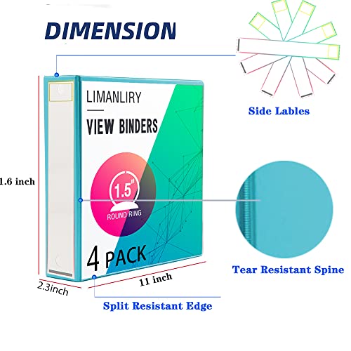 3 Ring Binders,1.5 inch Round Ring View Binders Holds 11"*8.5" Papers,Assorted Colors,4 Pack