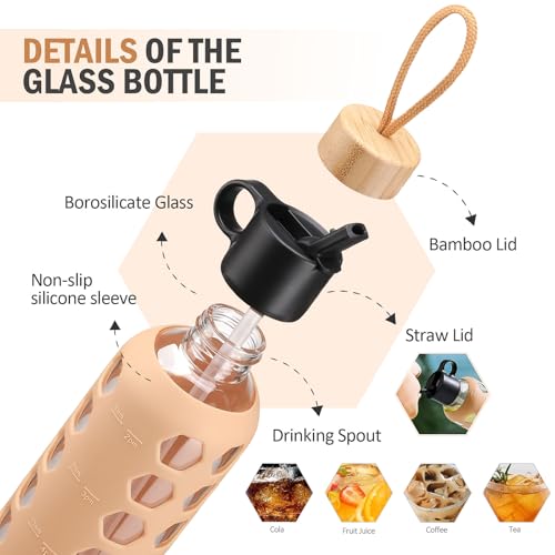 MUKOKO Glass Water Bottles, 24oz Glass Tumbler, Drinking Bottles with 2 Lids-Handle Flip Straw Lid&Bamboo Lid, Motivational Water Bottle with Time Marker and Silicone Sleeve, Leakproof-1 Pack-Amber