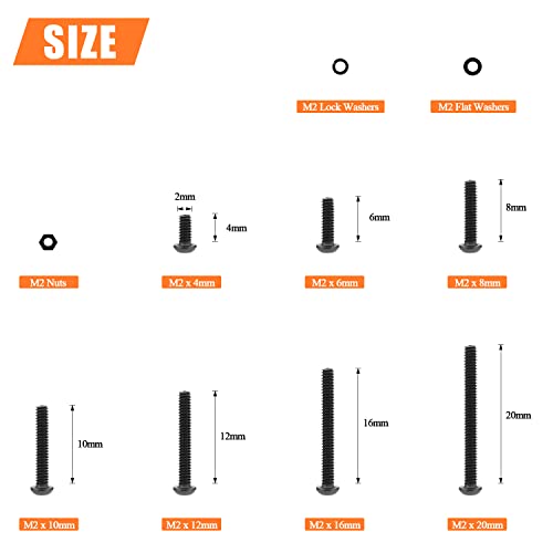 HELIFOUNER 560 Pieces M2 x 4mm /6mm /8mm /10mm /12mm /16mm /20mm, Button Head Socket Cap Screws Bolts Washers Nuts Kit, 10.9 Grade Alloy Steel, Full Threaded, Black