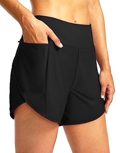 Pudolla Women's Swim Shorts with Zipper Pockets High Waisted Quick Dry Board Swimsuit Bathing Shorts for Women with Liner(Blue X-Small)