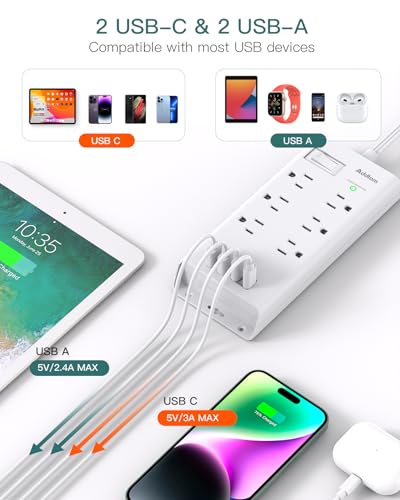 Surge Protector Power Strip - Addtam Flat Plug Extension Cord with 6 Outlet 4 USB Ports (2 USB C), 5FT Outlet Extender Strip for Home Office College Dorm Room Essentials