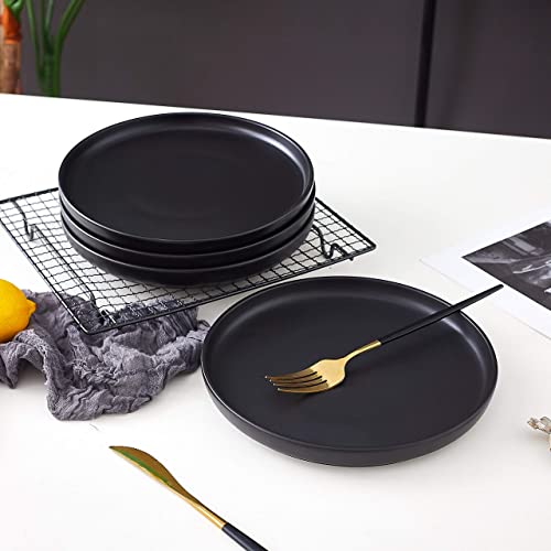 Bruntmor 6 Inch Ceramic Plate Set of 4, Round Black Color Ceramic Salad Plate, Ceramic Dinner Plates, Ceramic Plates Set for 4, Plate Sets Microwave Safe