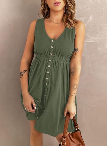 Summer Dresses for Women Sleeveless Casual Sundresses Floral Sun Dress with Pockets Blue Green Leaf M