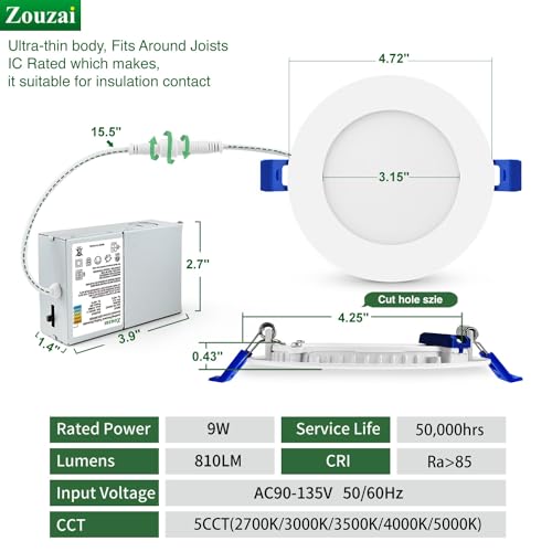 zouzai 1 Pack 4 Inch 5CCT Ultra-Thin LED Recessed Ceiling Light with Junction Box, 2700K/3000K/3500K/4000K/5000K Selectable, 9W Eqv 80W, Dimmable, led can Lights - ETL and Energy Star Certified