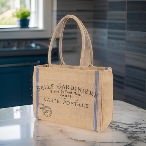 KAF Home Jute Market Tote Bag, Belle Jardiniere Print, Durable Handle, Reinforced Bottom and Interior Zipper Pocket