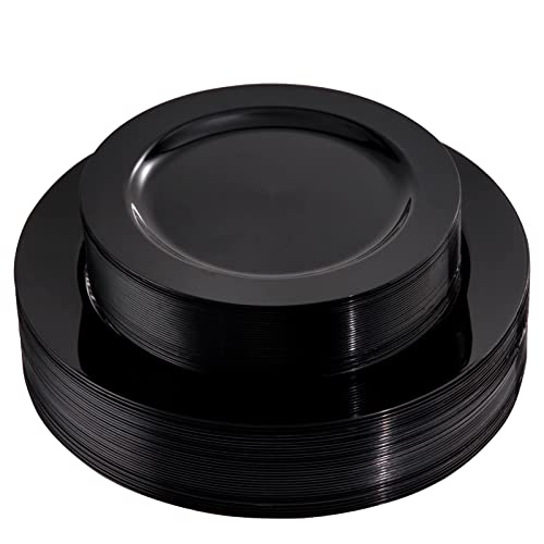 FLOWERCAT 60PCS Black Plastic Plates - Heavy Duty Black Disposable Plates for Party/Wedding - Include 30PCS 10.25inch Black Dinner Plates and 30PCS 7.5inch Black Dessert/Salad Plates