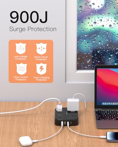 Surge Protector Power Strip with 2 USB C - 5 Ft Flat Extension Cord Flat Plug Power Strip, 4 Widely Outlets and 4 USB Charging Ports, 900 Joules, for Home Office Dorm Room Essentials, Black