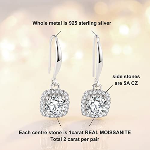 2-4CT Moissanite Dangle Earrings, Halo Square D Color Ideal Cut Simulated Diamond 925 Sterling Silver Earrings for Women with Certificate of Authenticity (2CT)
