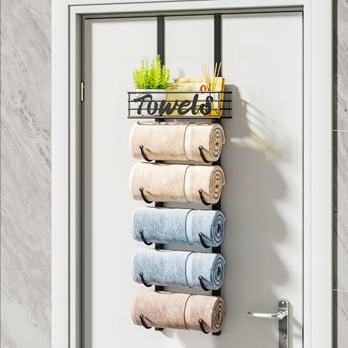 HapiRm 6-Tier Over The Door Towel Racks for Bathroom - Wall Mounted Towel Holder with Metal Shelf - Rolled Towel Organizer Door Hanging Towel Storage - Black