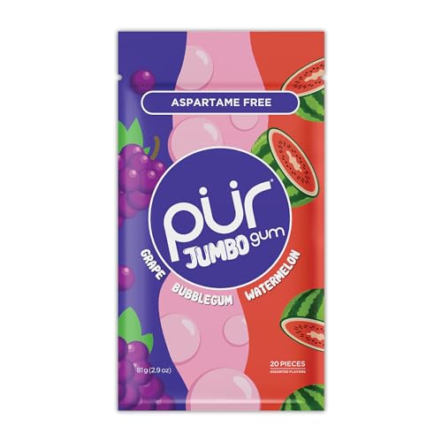 PUR Jumbo Gum | Aspartame Free Chewing Gum | 100% Xylitol | Natural Bubblegum, Grape, Watermelon Flavor, 20 Pieces (Pack of 1)