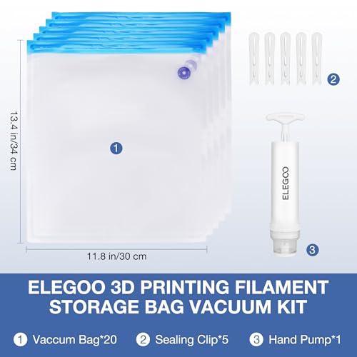 ELEGOO Filament Storage Bags Vacuum Kit, 20 Bags Vacuum Sealed with Hand Pump Dust Proof Humidity Resistant, Perfect for 3D Printer Filament Storage and Keep Filament Dry (13.4x11.8 inch)