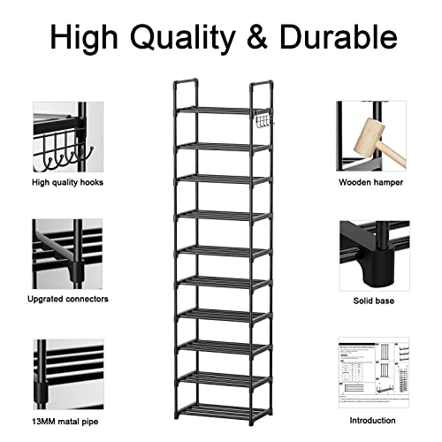 Mavivegue 10 Tiers Narrow Tall Shoe Rack,20-24 Pairs Metal Shoe and Boots Organizer Storage Shelf, Space Saving Skinny Shoe Stand,Free Standing Shoe Tower for Wall,Corner,Entryway, Closet,Bedroom