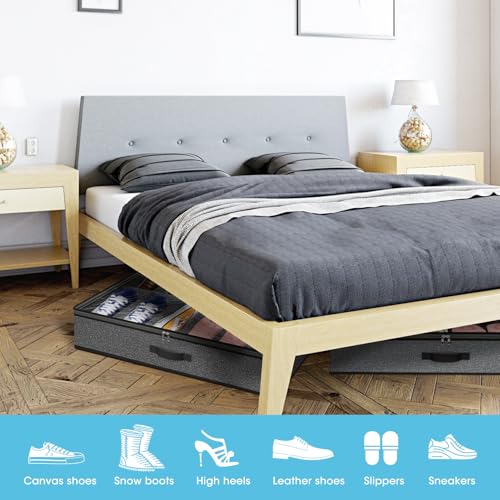 2 Pack Under Bed Shoe Storage Organizer for Closet, Fits Total 24 Pairs Foldable Underbed Shoes Containers Boxes Under the Bed Storage Bedding with Sturdy Handles&Clear Window for College Dorms, Grey