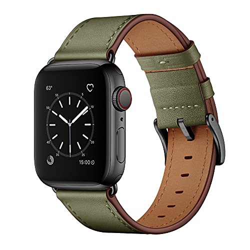 OUHENG Compatible with Apple Watch Band 42mm (Series 10) 41mm 40mm 38mm, Genuine Leather Band Replacement Strap Compatible with Apple Watch Series 10/9/8/7/6/5/4/3/2/1/SE2/SE, Dark Blue/Blue