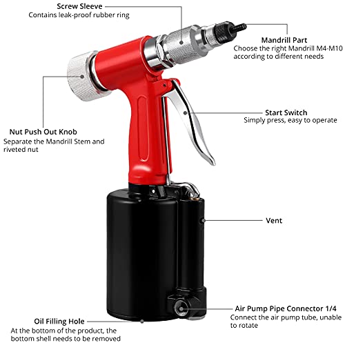 Proster Heavy Duty Pneumatic Rivet Nut Gun with 100Pcs Nut 5PCS Metric Mandrels M4 M5 M6 M8 M10 Capacity Pop Rivet Nut Gun for Body Panels Bicycle Attachments Furniture and Decorations