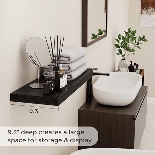 Fun Memories Deep Floating Shelves for Wall, 24W x 9.3D Black Floating Shelves Set of 2, 9.3" Deep Large Wood Shelves for Living Room Bathroom Laundry Room Bedroom Kitchen Home Office - Black