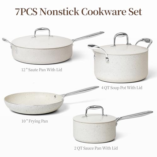 Nonstick Pots and Pans Set,Beige Nonstick Cookware Sets, Pans Cooking Set 7 Pcs Non Stick Cooking Set w/Frying Pans & Saucepans Non-toxic Kitchen Cooking Set Compatible With All Cooktops