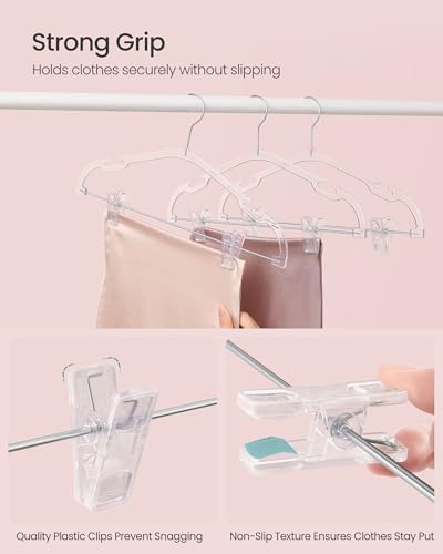 SONGMICS Pants Hangers 20 Pack, Clear Plastic Hangers, 16 x 8.9 Inches, Skirt Hangers with Adjustable Clips, Wide Shoulder Notches, 360° Swivel Hook, for Pants, Skirts, Dresses, Clear UCRP070W01