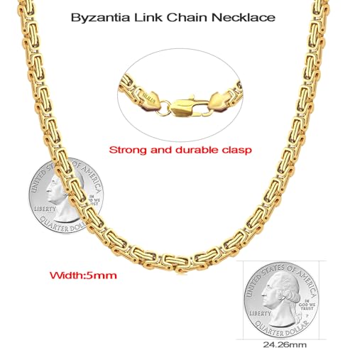 SILILUN Byzantine Chain Necklace Stainless Steel 14K Gold 5mm Wide Punk Jewelry Hip Hop Necklace Chain Men Women(18 Inches, Byzantine 5mm Wide 14K Gold)