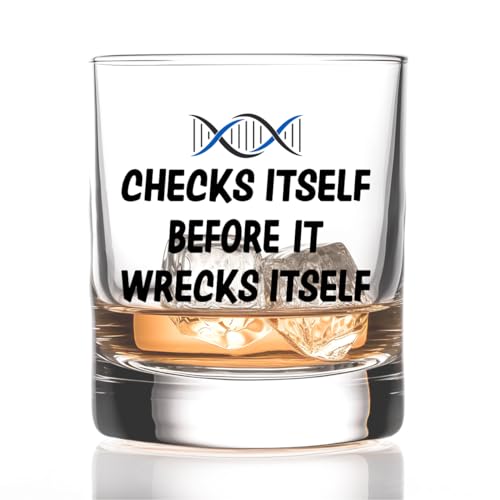 RZHV Checks Itself Before It Wrecks Itself Old Fashioned Whiskey Glass, Funny Father's Day Birthday Gift for Men Husband Dad Uncle Coworkers DNA Biology Genetics Teacher Science Geek Geneticist