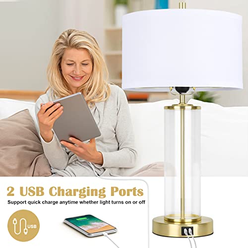 Modern Touch Control Table Lamps with 2 USB Ports for Living Room Set of 2, 3-Way Dimmable Bedside Lamps with White Shades & Clear Glass for Bedroom Nightstand Hotel, Daylight 5000K LED Bulbs Included