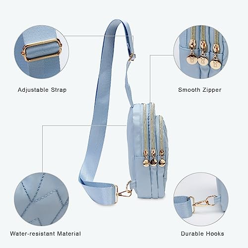 Bunnychill Small Crossbody Sling Bags for Women Men, 3 Zipper Pocket Cell Phone Purse Fanny Packs for Women Men,Daypack Sport Chest Satchel (Baby Blue)