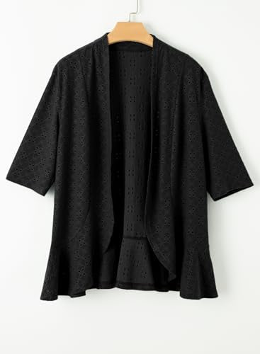 Sidefeel Lightweight Summer Cardigan for Women Spring Fashion 2024 Knit Ruffle Half Sleeve Kimono Cardigans Sweaters Black Small