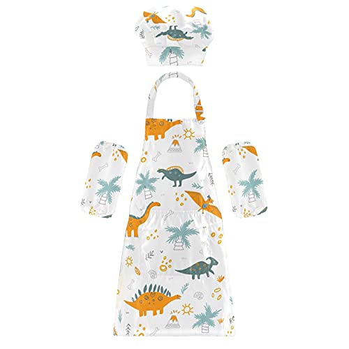 Kids Apron Chef Hat Set for Girls Cute Boys Dinosaur Pattern Waterproof with Pockets Painting Cooking 3-6