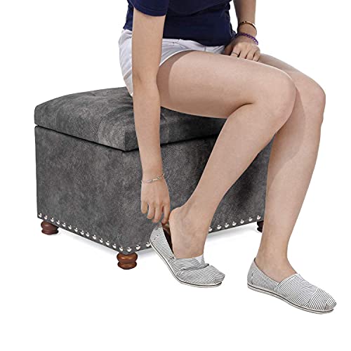 Joveco Storage Ottoman Foot Rest Stool, 24" Velvet Footstool Bench for Living Room Bedroom, Light Grey