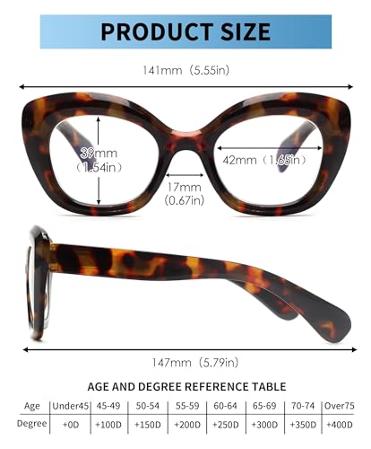 JM 3 Pack Oversized Cat Eye Reading Glasses for Women Funky Blue Light Flexible Cateye Readers +4.0