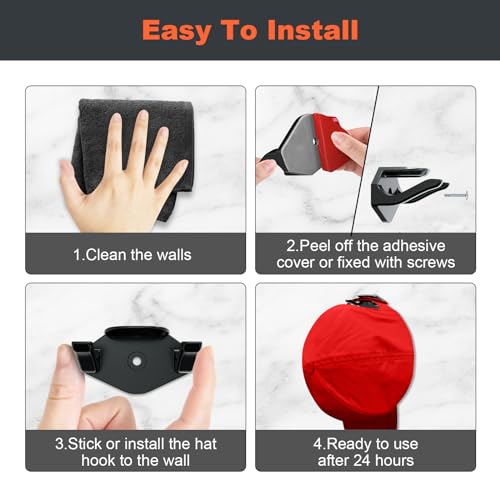 KOVSPO Adhesive Hat Hooks for Wall (16-Pack), Hat Rack for Baseball Caps, Strong Hat Organizer, Minimalist Hat Display, Hat Hangers for Wall (Black)