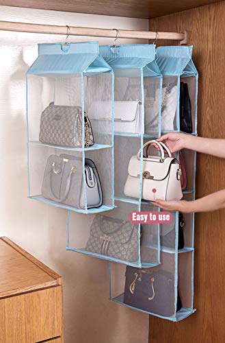 AARAINBOW 2 Packs Hanging Clear Handbag Purse Organizer for Closet, Handbag Organizer with Hook Purse Bag Organizer 4 Pockets Wardrobe Closet Space Saving Organizers, 47.2 H x 15.7Lx 6.3W (2 Gray)