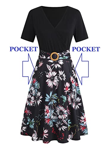 Women's Elegant Criss-Cross V Neck Vintage Short Sleeve Work Casual Party Swing Tea Dress with Pockets 980 (M, Navy Blue)