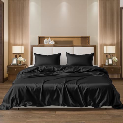 AL AHMEDANI LINEN Black Satin Sheets Queen - Luxurious 4-Pcs Silk Sheets Queen Size Bed Set - Breathable Silky Smooth Comfortable Bed Sheets – Deep Pocket 1 Fitted Sheet, 1 Flat Sheet, 2 Pillowcases