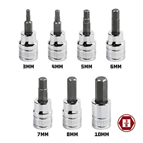 Powerbuilt 7 Piece 3/8 Inch Drive Metric Hex Bit Socket Set, Includes 3mm-8mm and 10mm, Hangable Storage Tool Holder - 648663