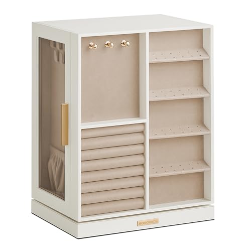 SONGMICS Jewelry Box 360° Rotating, Jewelry Storage Case with 5 Drawers, Jewelry Organizer, Glass Window, Spacious, Vertical Jewelry Storage, Open Design, Great Gift, Cloud White UJBC170W01