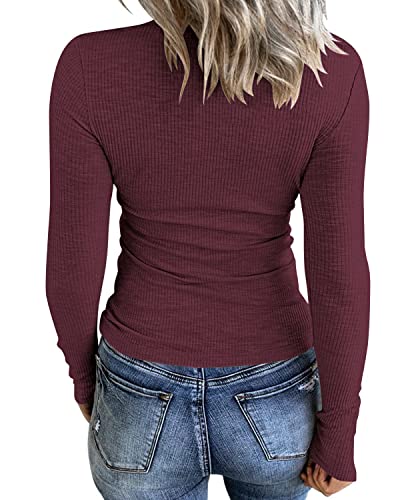 uoDim Lace V Neck Tops Long Sleeve Shirts Casual Fall Basic Ribbed Knit T Shirts 2024 Pink Tees