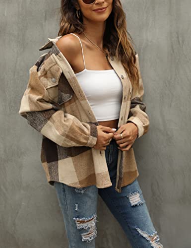 Tanming Womens Flannel Plaid Shacket Wool Blend Button Down Shirt Fall Fashion Jacket (01 Brown, S)