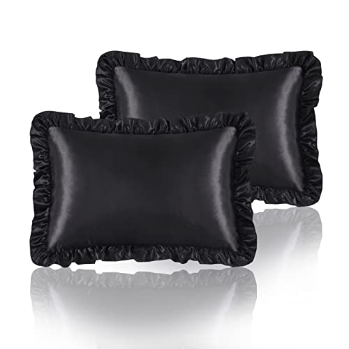 HommxJF Silky Satin Ruffled Pillow Cases for Hair and Skin,White Silk Pillowcases King Set of 2 with Envelope Closure Princess Room Decoration