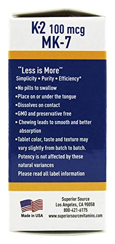 Superior Source Vitamin K2 MK-7 (Menaquinone-7), 100 mcg, Quick Dissolve MicroLignual Tablets, 60 Count, Healthy Bones and Arteries, Immune & Cardiovascular Support, Non-GMO