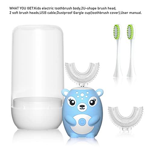 Kids Electric Toothbrushs U Shaped sonic Automatic Toothbrush with 4 Brush Heads, Six Cleaning Modes,Cartoon deer Modeling , full mouth toothbrush for baby