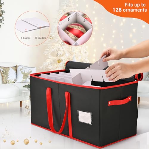 Christmas Ornament Storage Box, Mrrihand Xmas Decoration Organizer with Adjustable Dividers - Storage Container Keeps 128 Holiday Ornaments 3-Inch, Dual Zipper Closure, 600D Tear-Proof Material(Black)