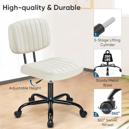 DUMOS Armless Home Office Chair Ergonomic Desk with Comfy Low Back Lumbar Support, Height Adjustable PU Leather Computer Task with 360° Swivel Wheels, for Small Space, Kids and Adults, Beige White