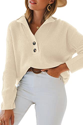 LILLUSORY Mustard Sweaters for Women 2024 Fall Pullover Knitted Button Up Sweater Foldover Collar Tops StripedApricot M
